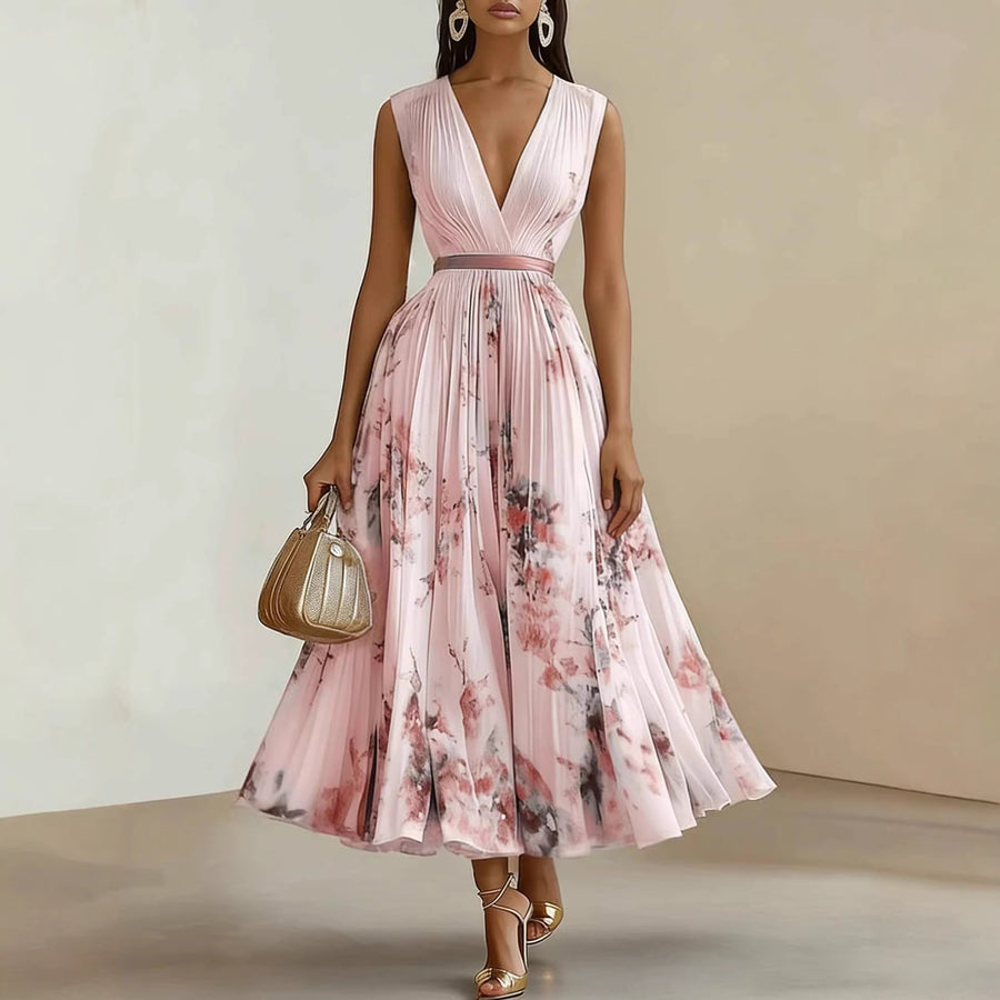 Évelyne | Timeless Floral Pleated Midi Dress
