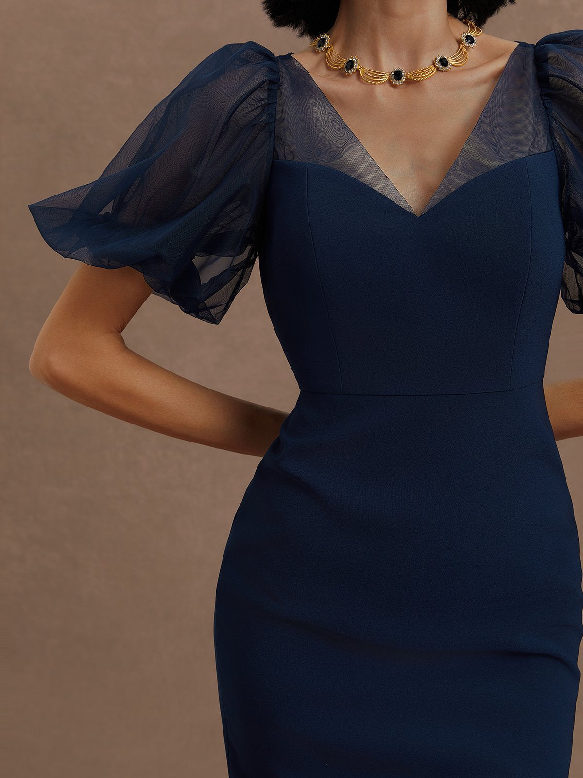 Navy Mesh Classic Short Sleeve Puff Sleeve Midi Dress