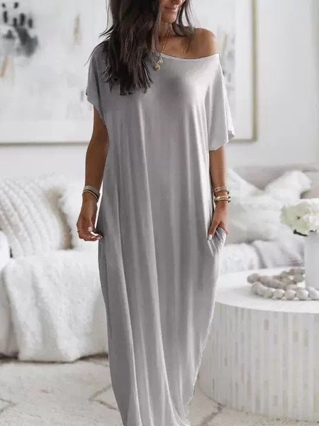 Women's Solid-Color Short-Sleeve Long Casual Dress