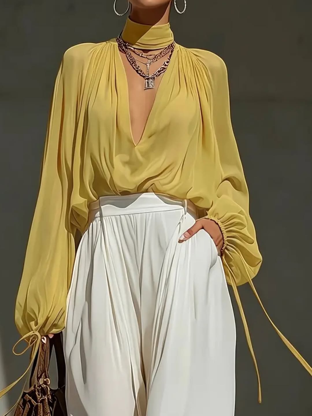Yellow V-neck chiffon top and white trousers set