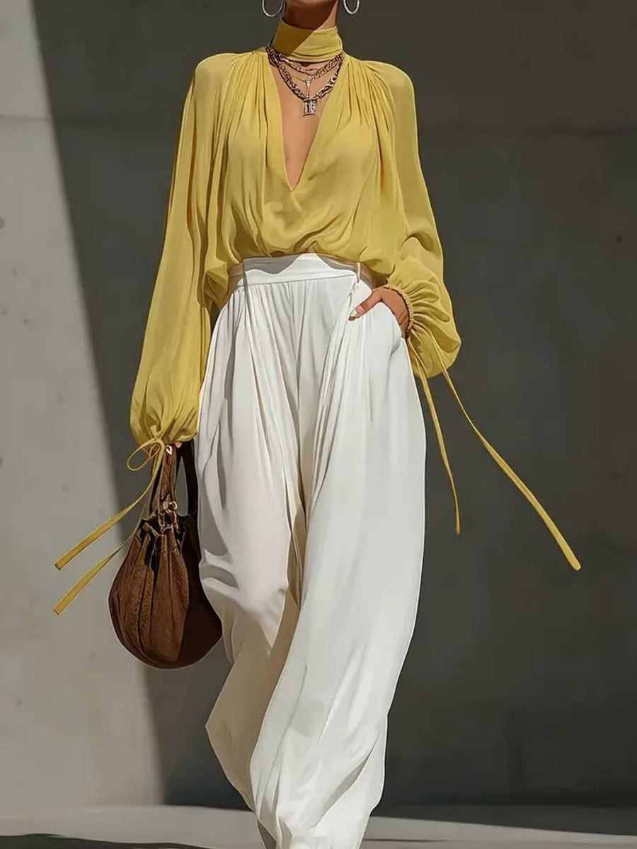 Yellow V-neck chiffon top and white trousers set