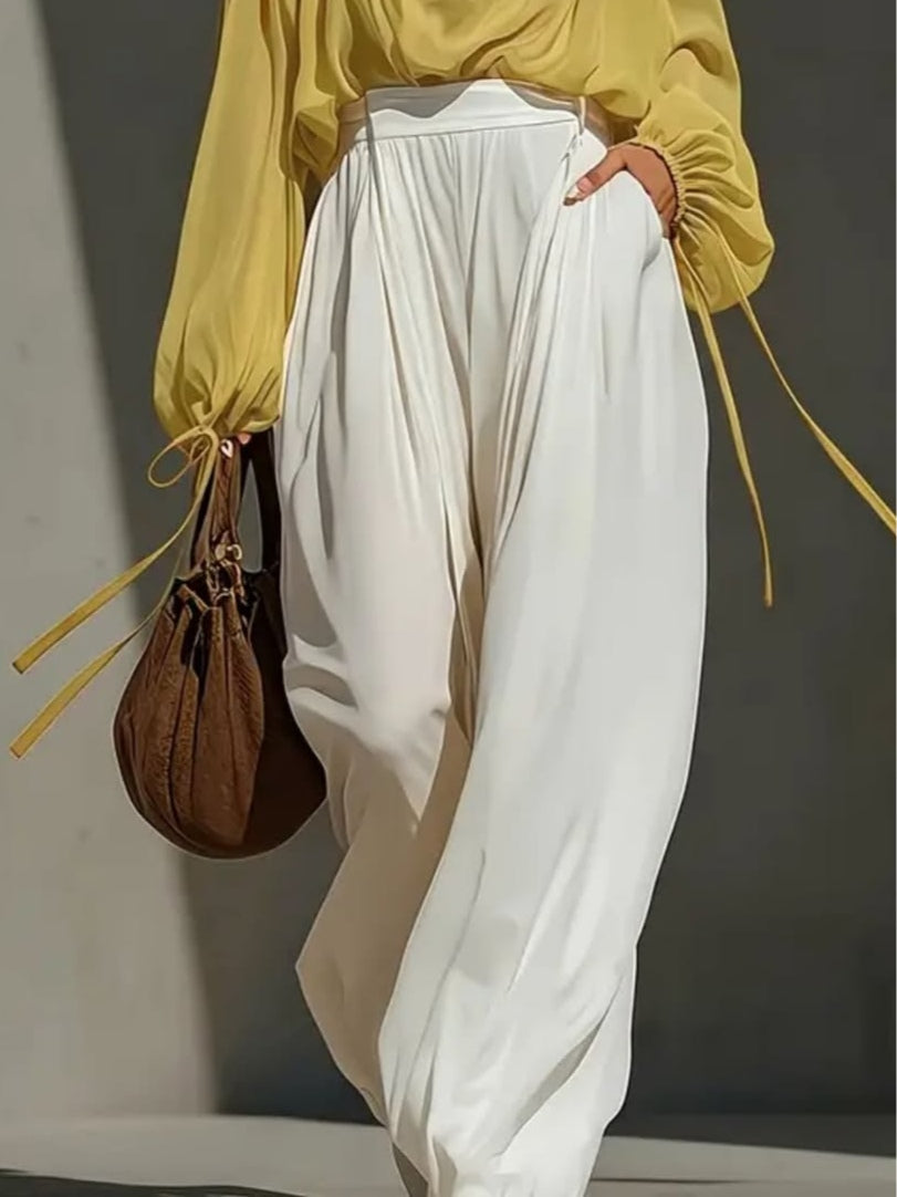 Yellow V-neck chiffon top and white trousers set