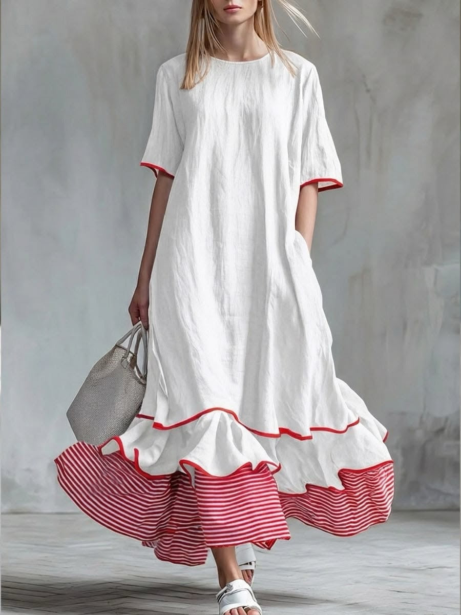 White Casual Patchwork Red Striped Short-sleeved Dress