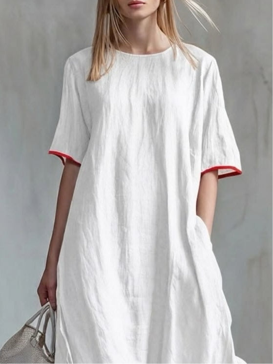 White Casual Patchwork Red Striped Short-sleeved Dress