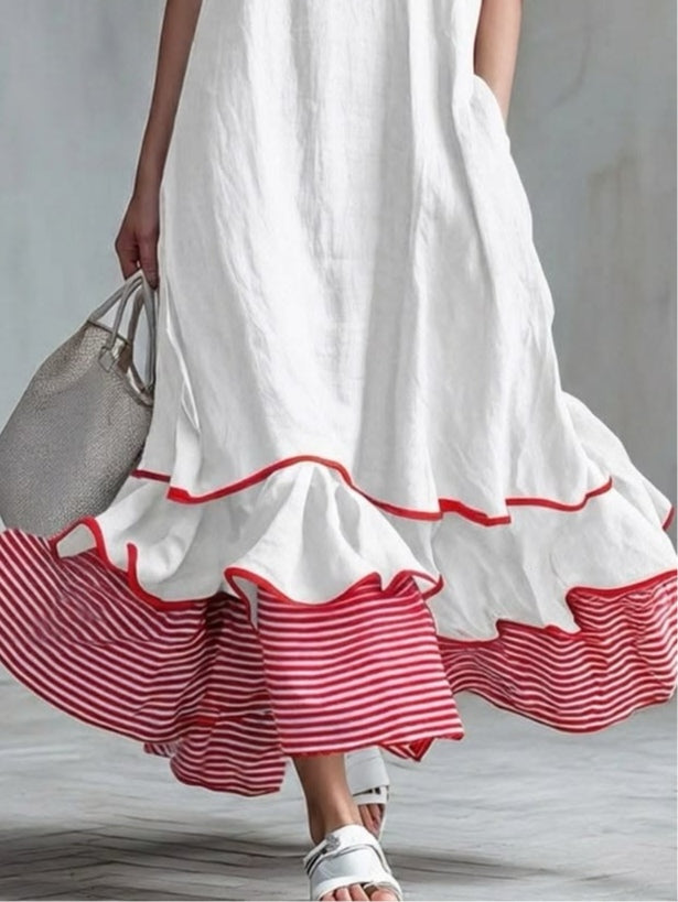 White Casual Patchwork Red Striped Short-sleeved Dress