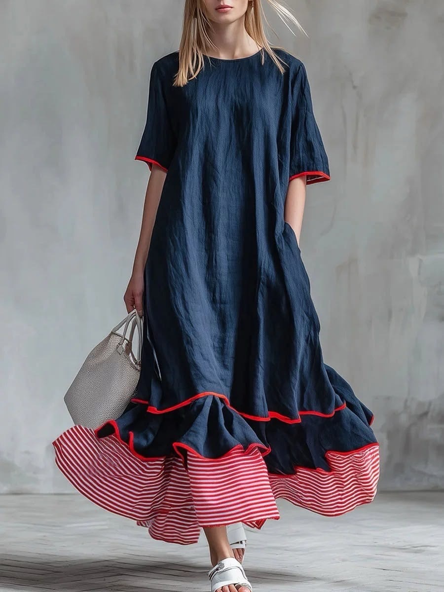 Navy Casual Patchwork Red Striped Short-sleeved Dress
