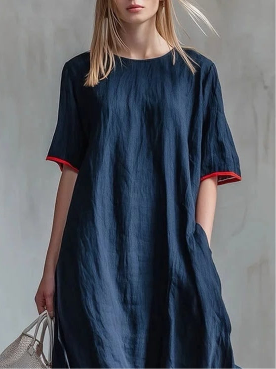 Navy Casual Patchwork Red Striped Short-sleeved Dress