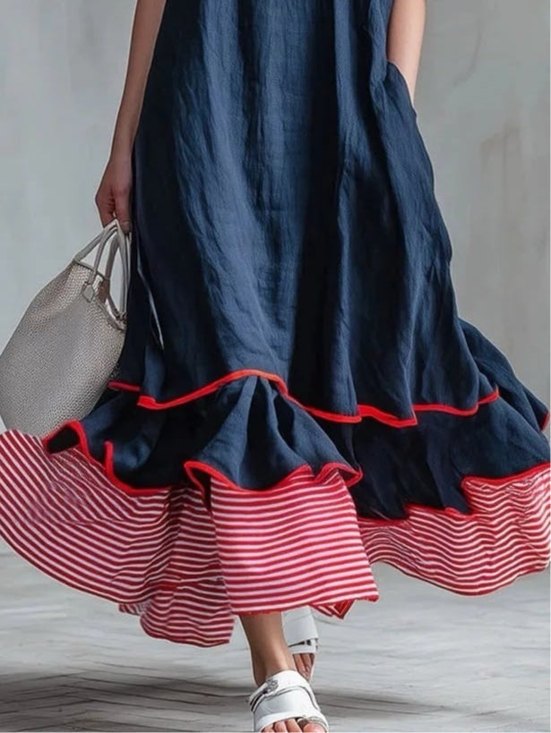 Navy Casual Patchwork Red Striped Short-sleeved Dress
