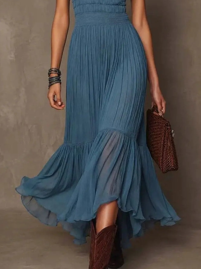 Blue V-neck ruffled pleated chiffon maxi dress