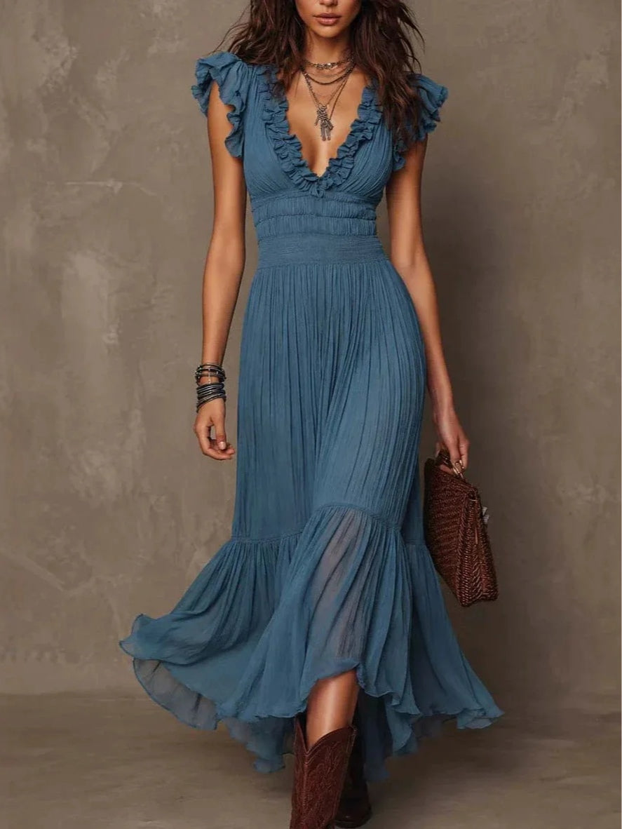 Blue V-neck ruffled pleated chiffon maxi dress