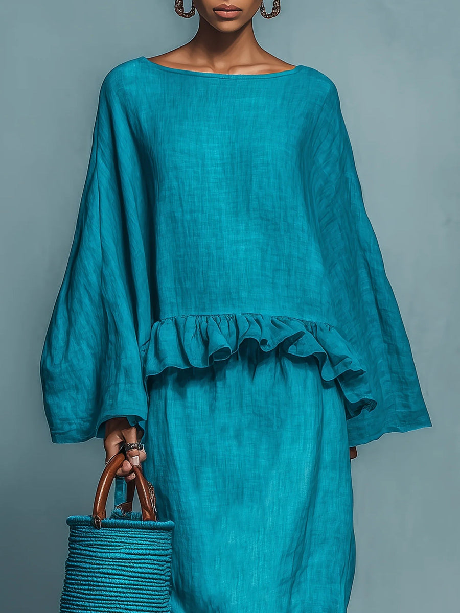 Blue Ruffled Blouse And Straight Skirt Suit