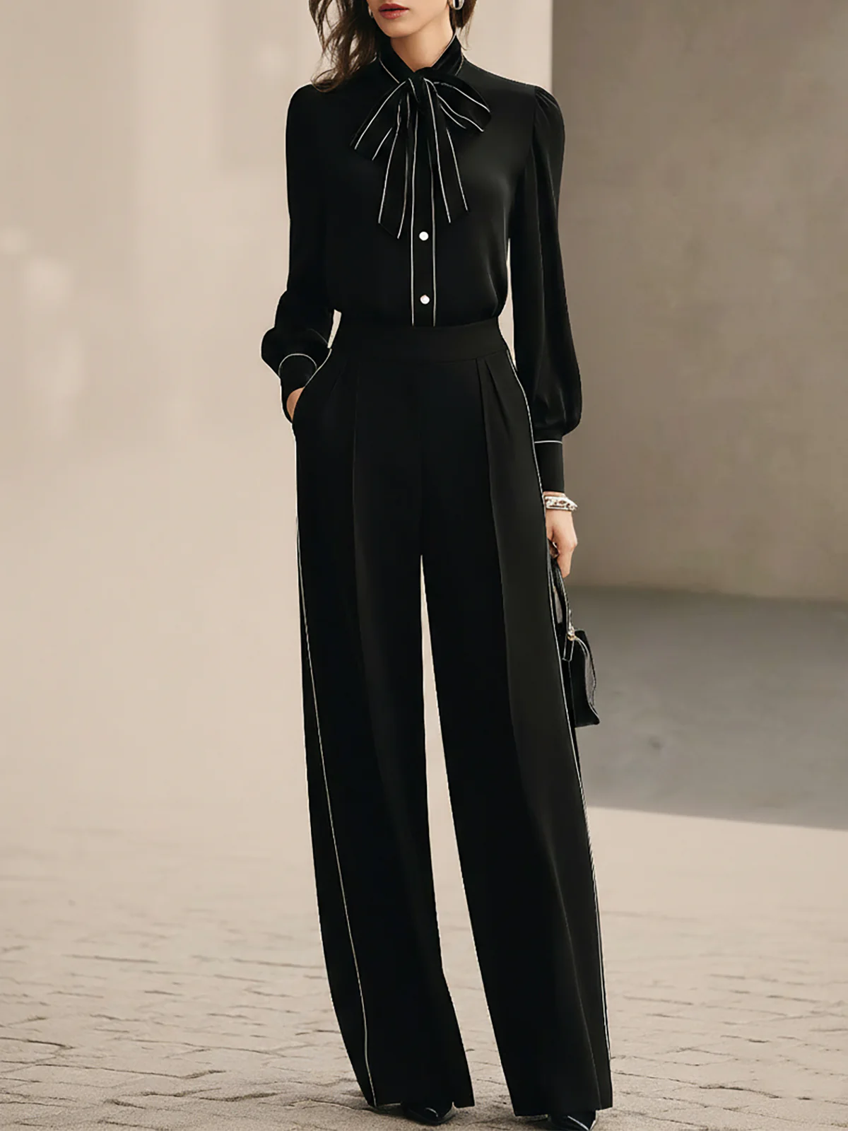 Black And White Trimmed Bow-tie Blouse And Wide-leg Trousers Two-piece Set