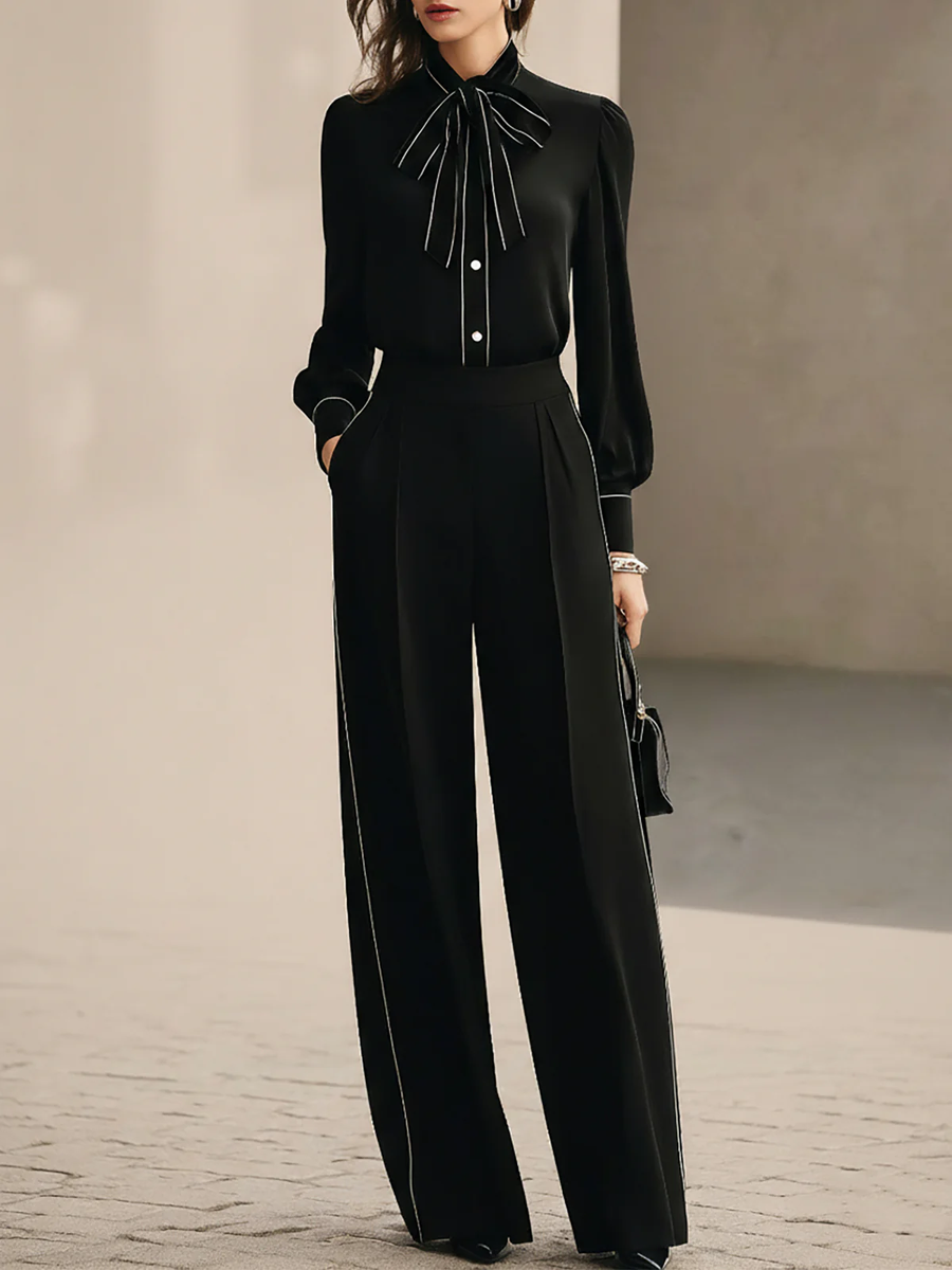 Black And White Trimmed Bow-tie Blouse And Wide-leg Trousers Two-piece Set