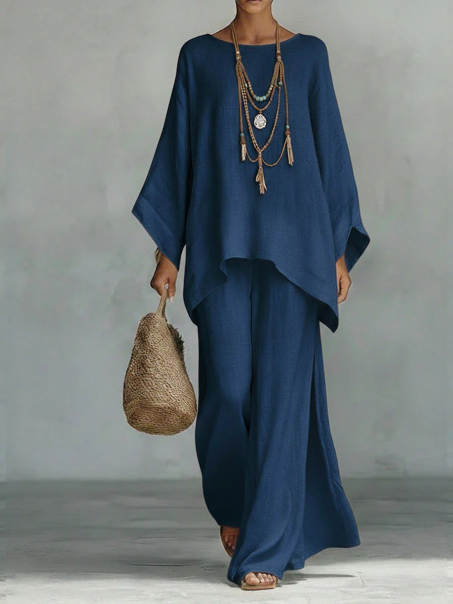 Minimalist Faux Linen Blend Flowy Top And Pants Two-piece Set