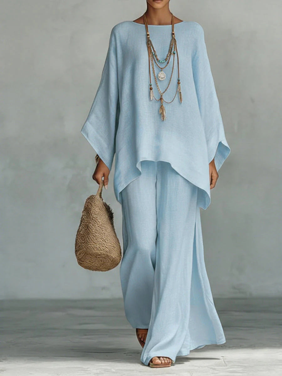Minimalist Faux Linen Blend Flowy Top And Pants Two-piece Set