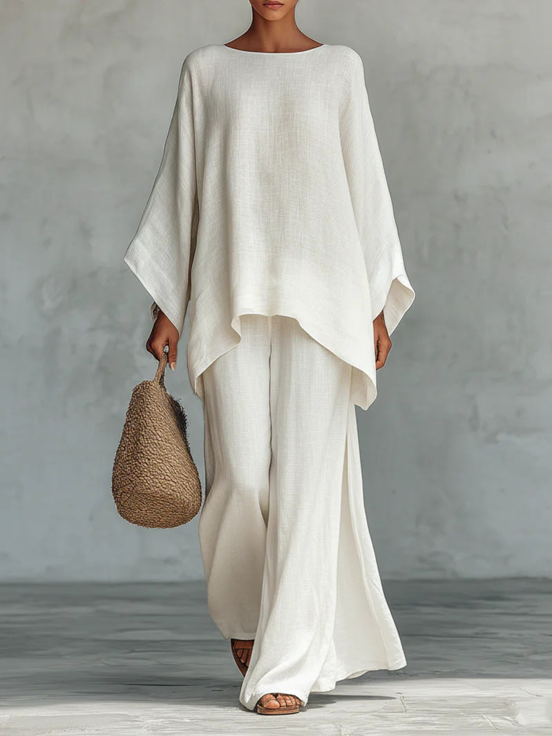 Minimalist Faux Linen Blend Flowy Top And Pants Two-piece Set