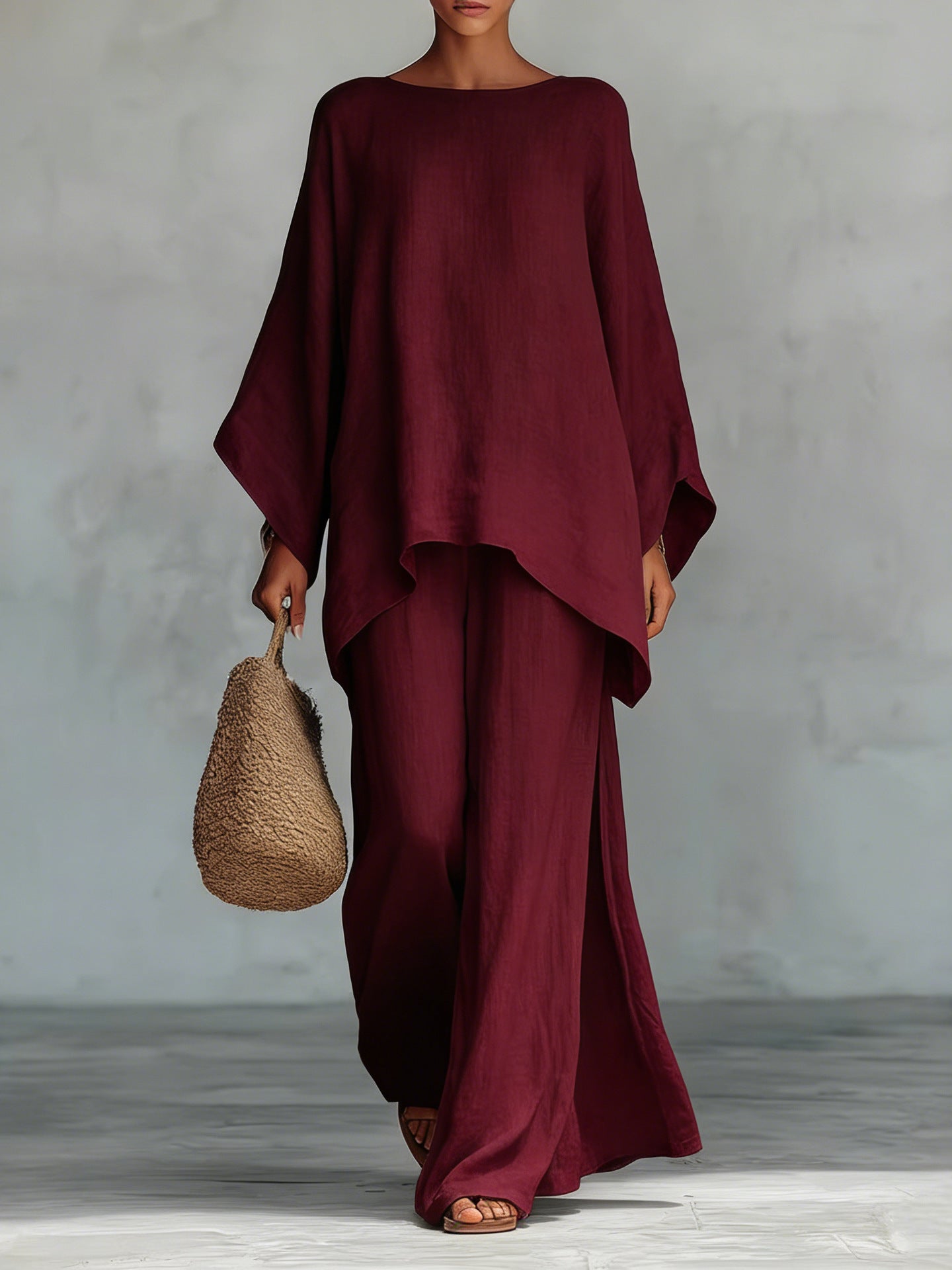 Minimalist Faux Linen Blend Flowy Top And Pants Two-piece Set