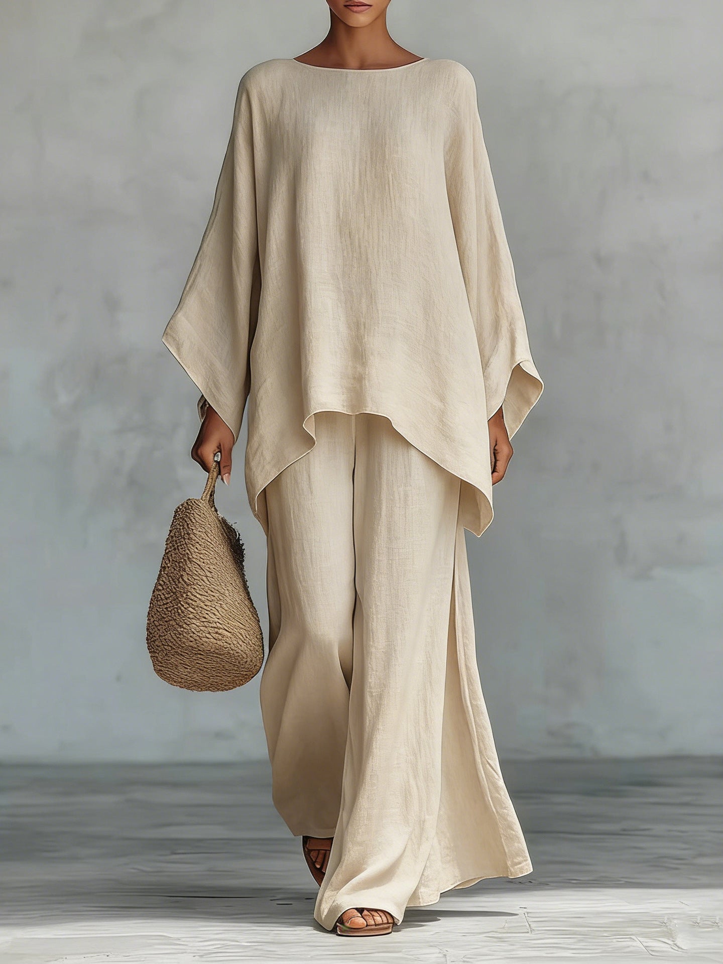 Minimalist Faux Linen Blend Flowy Top And Pants Two-piece Set