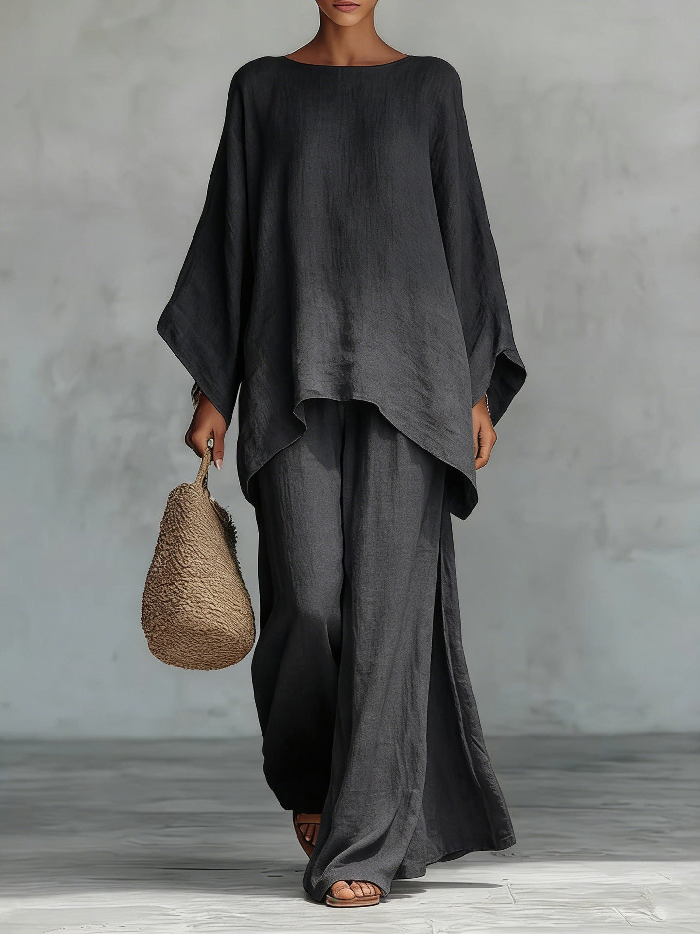 Minimalist Faux Linen Blend Flowy Top And Pants Two-piece Set