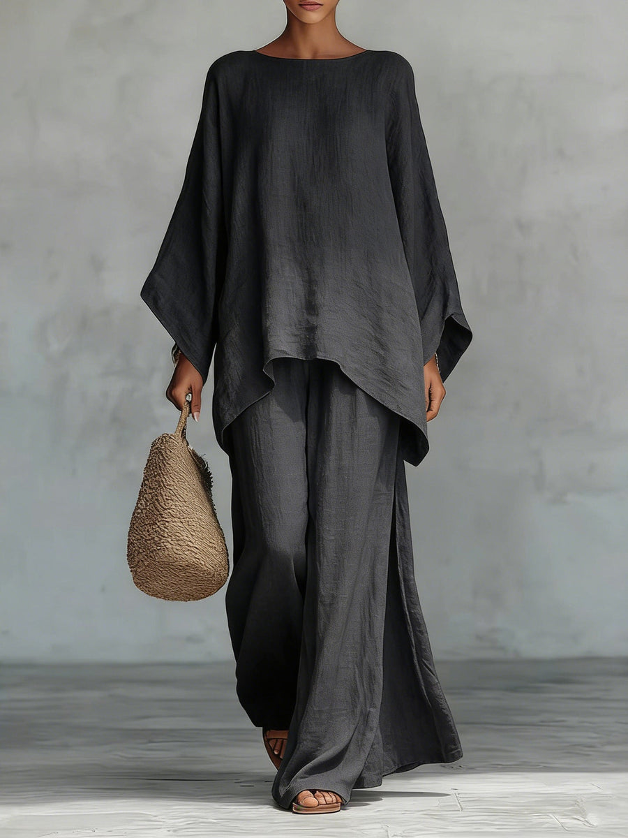 Minimalist Faux Linen Blend Flowy Top And Pants Two-piece Set
