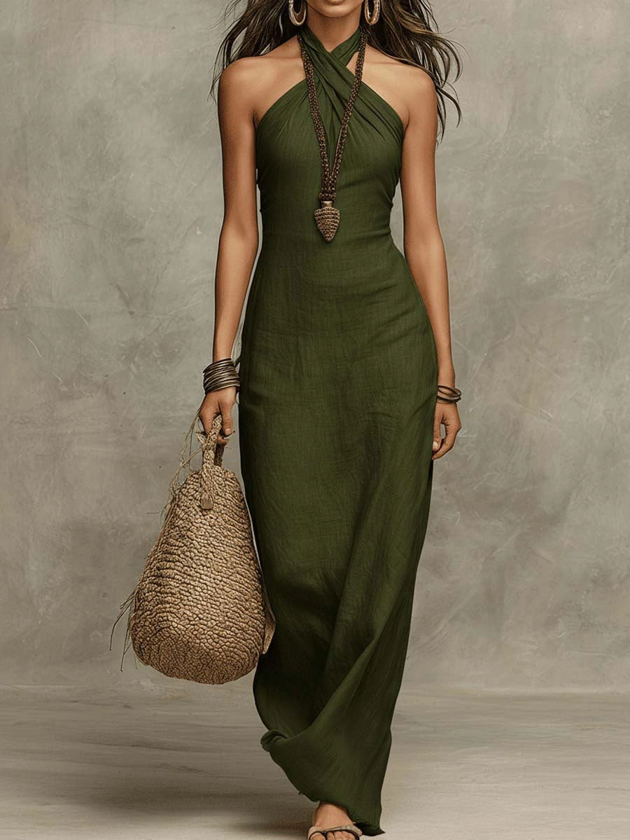 Soft Drape Halter Column Faux Linen Halter Maxi Dress