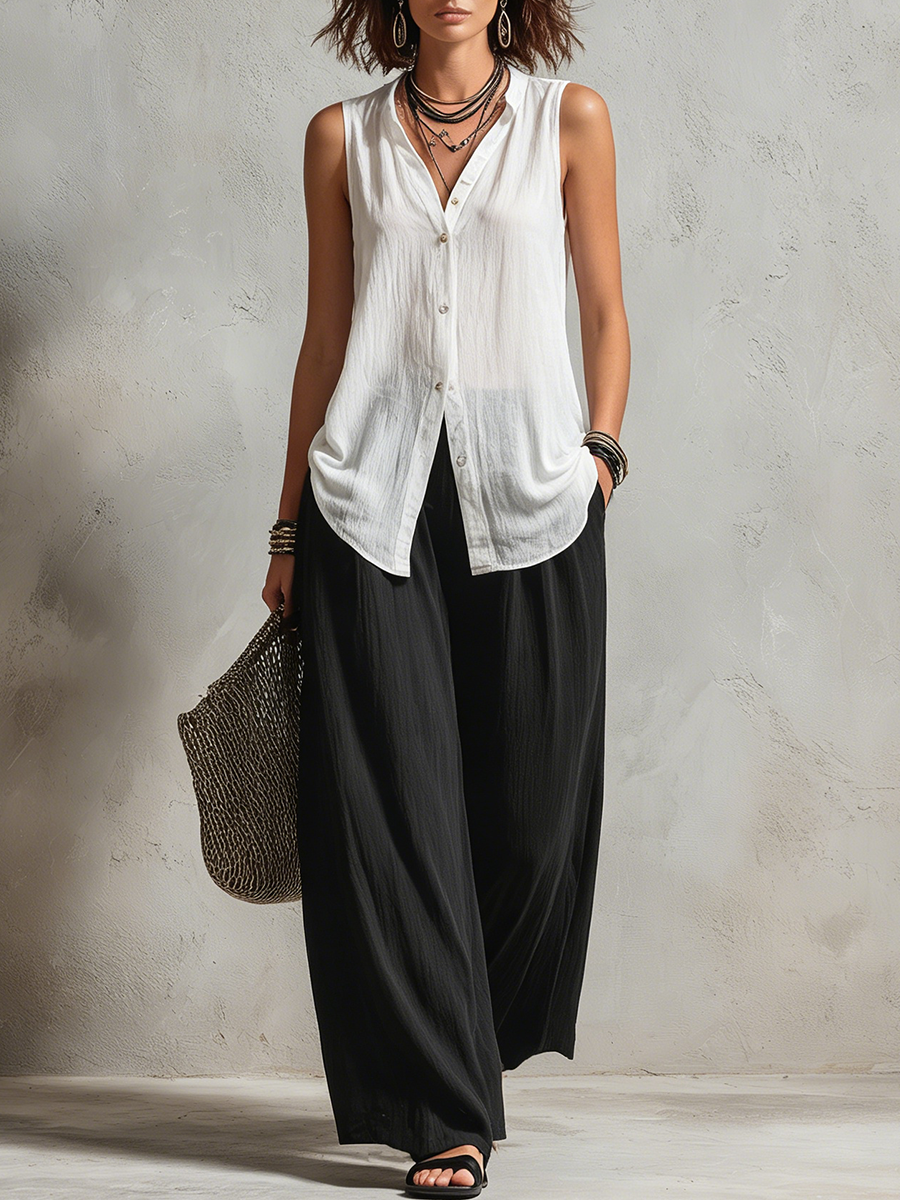 Minimalist Layered Vest Cardigan And Wide-leg Pants Three-piece Set