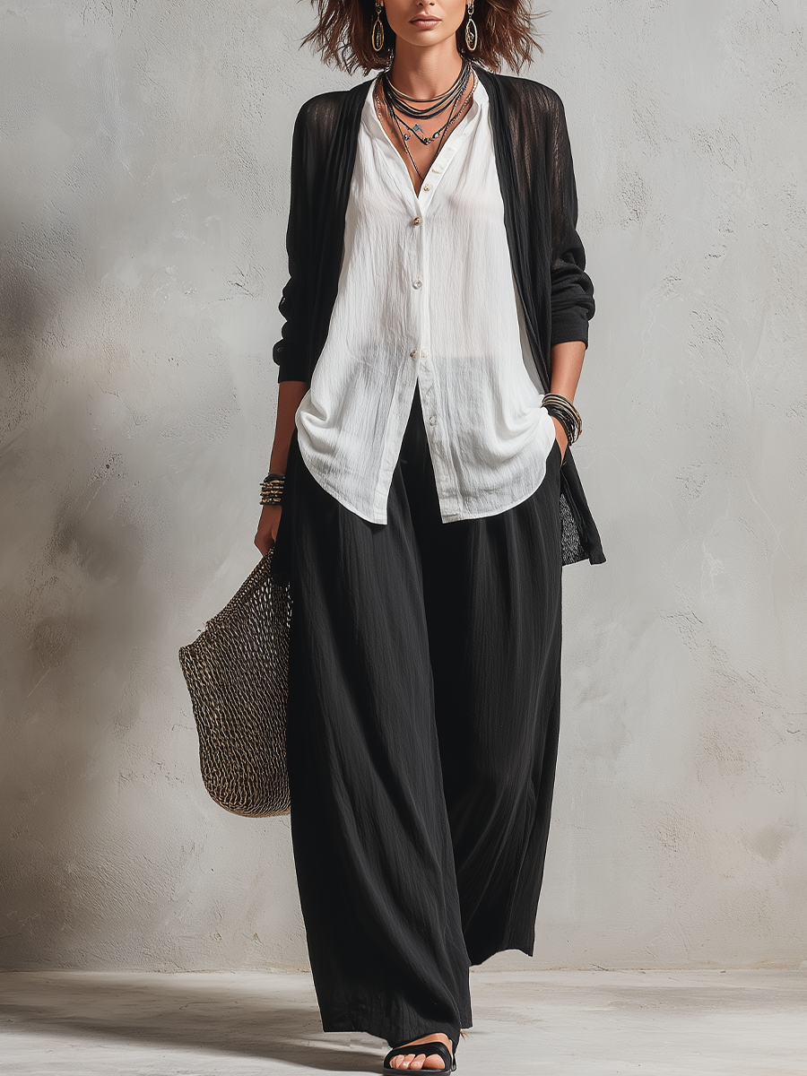 Minimalist Layered Vest Cardigan And Wide-leg Pants Three-piece Set