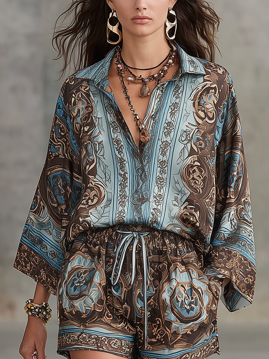 Vacation Baroque Totem Print Shirt and Shorts Set