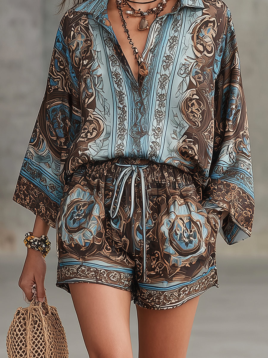 Vacation Baroque Totem Print Shirt and Shorts Set