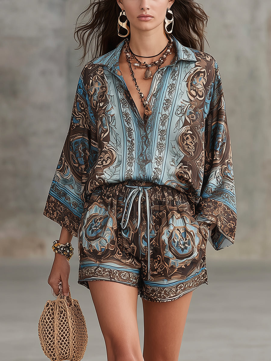Vacation Baroque Totem Print Shirt and Shorts Set