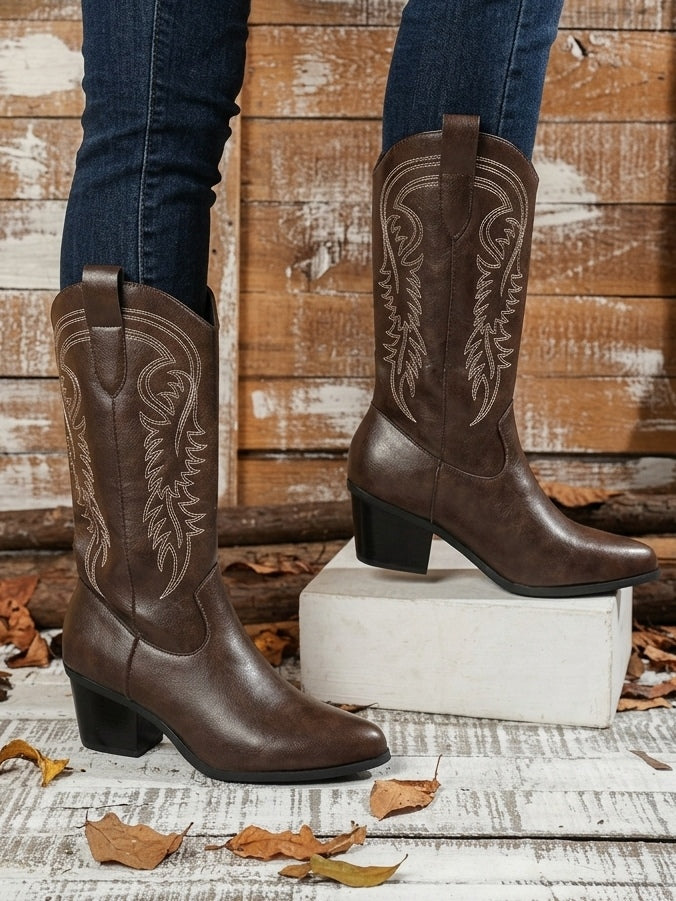 Western Cowboy Mid-Calf High-Heeled Riding Boots