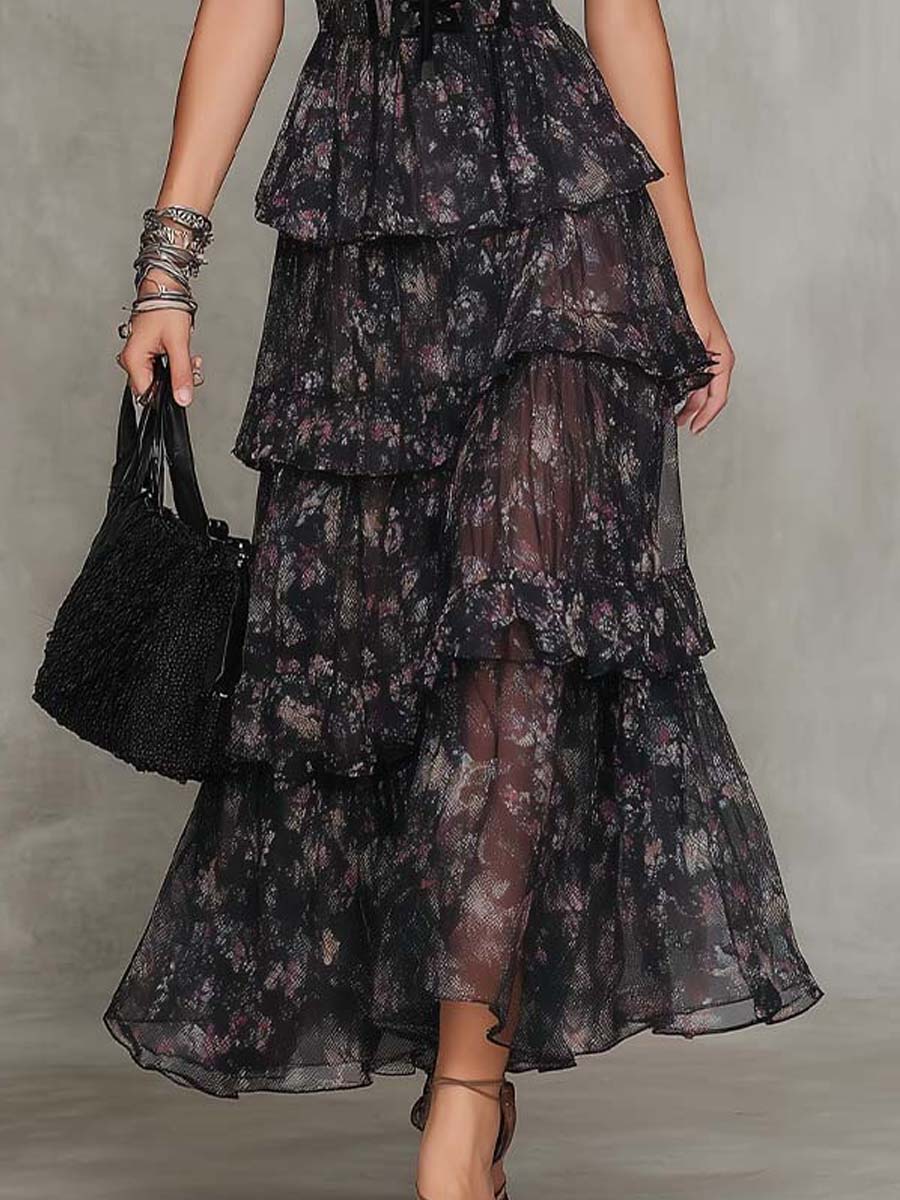 Gothic Floral Corset Tiered Chiffon Maxi Dress