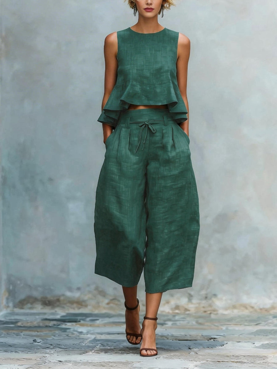 Solid Color Faux Linen Ruffled Wide-leg Capri Pants Suit