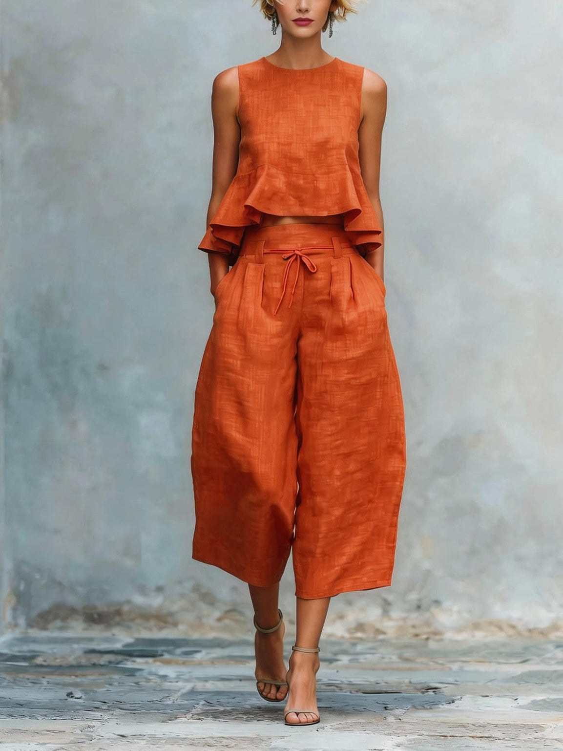 Solid Color Faux Linen Ruffled Wide-leg Capri Pants Suit