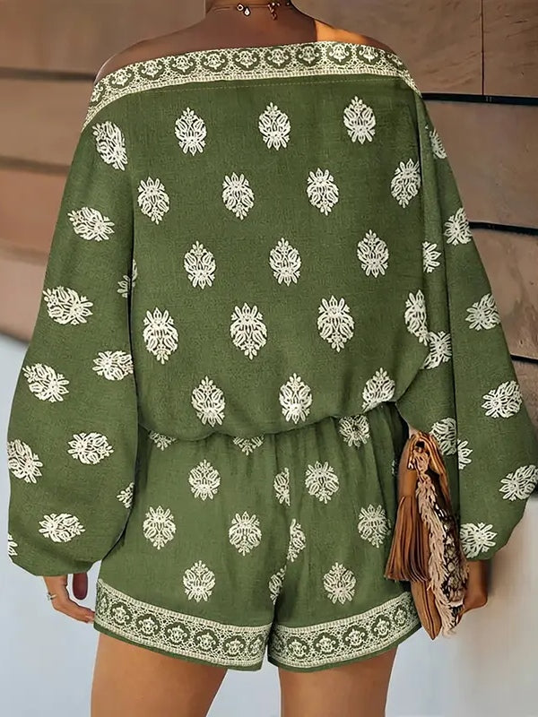 Baroque Print Off-Shoulder Lantern Sleeve Shorts Jumpsuit