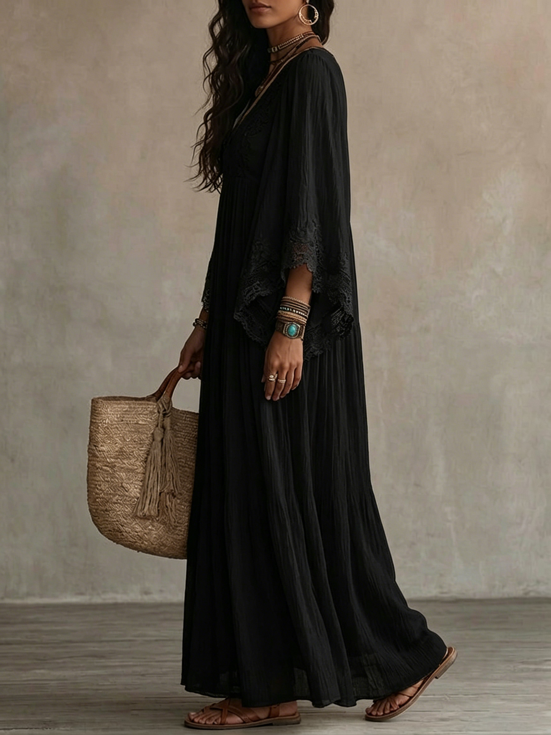 Black Lace V-neck Batwing Sleeve Chiffon Maxi Dress