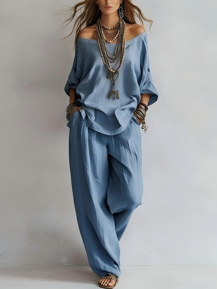 Casual Off-shoulder Top And Wide-leg Pants Set