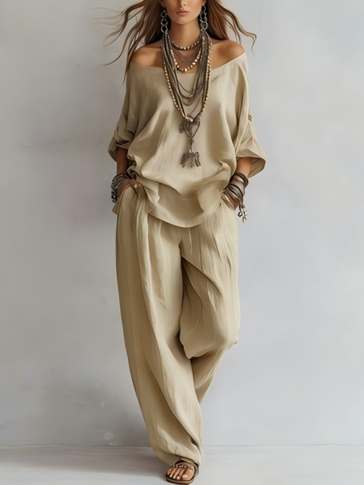 Casual Off-shoulder Top And Wide-leg Pants Set
