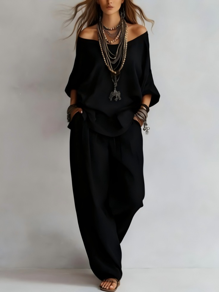 Casual Off-shoulder Top And Wide-leg Pants Set