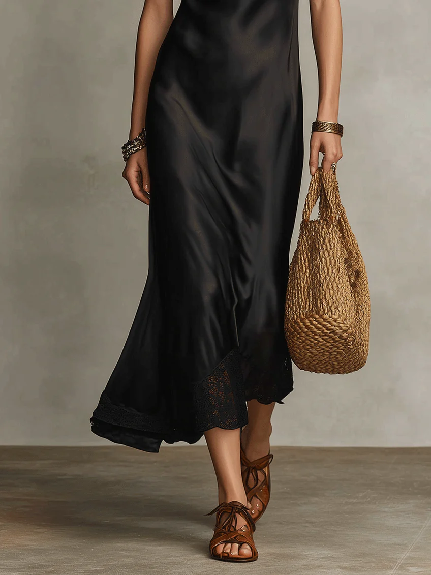 Vintage Black Satin Halter Neck Lace Patchwork Maxi Dress