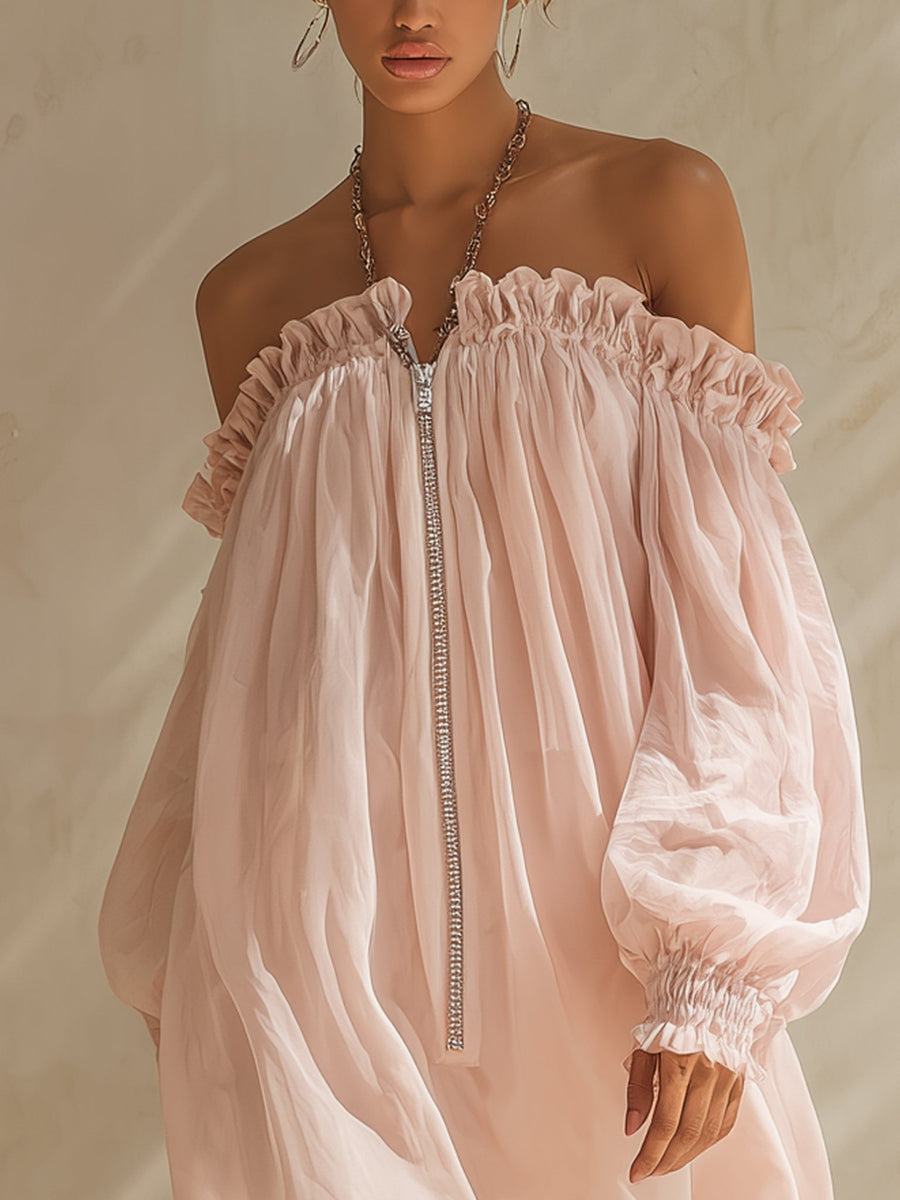 Light Pink Off-shoulder Zipper Chiffon Mini Dress