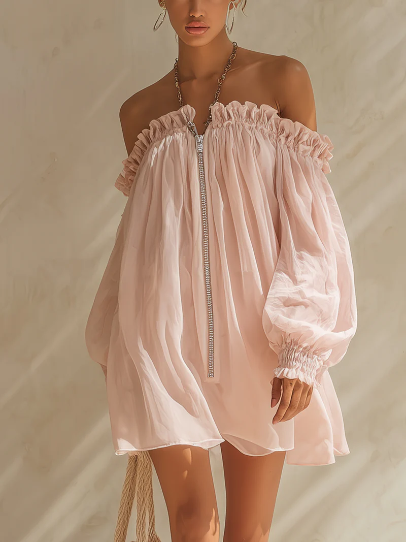 Light Pink Off-shoulder Zipper Chiffon Mini Dress