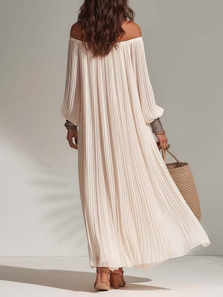 Bohemian Pleated Off-shoulder Chiffon Maxi Dress