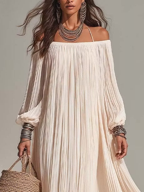 Bohemian Pleated Off-shoulder Chiffon Maxi Dress