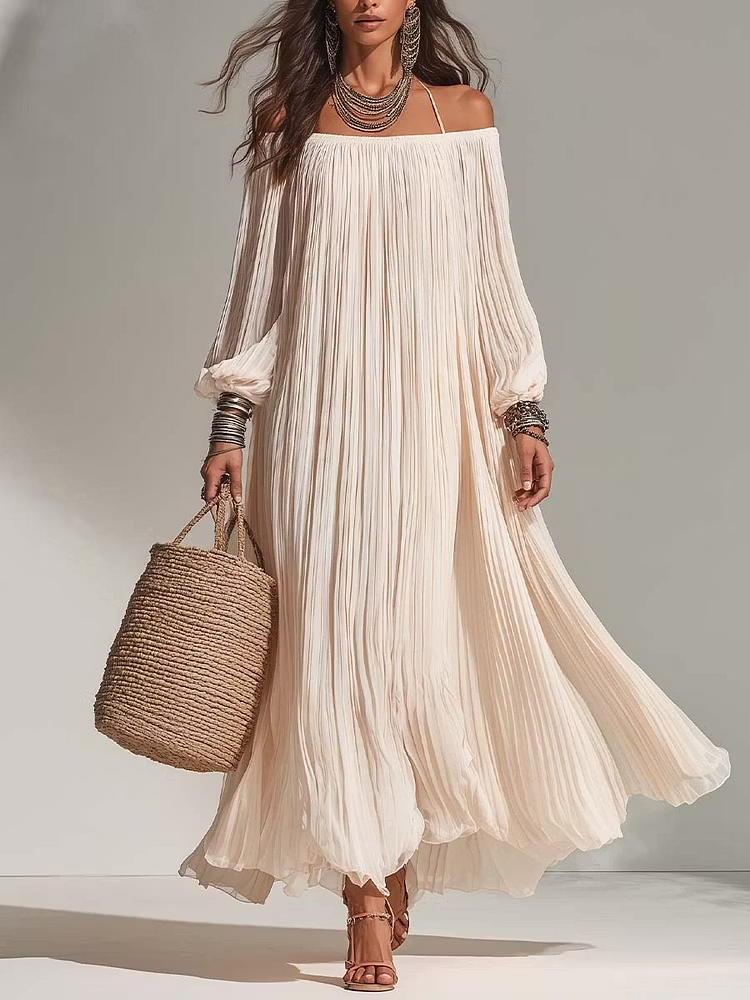 Bohemian Pleated Off-shoulder Chiffon Maxi Dress