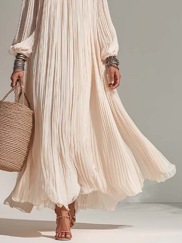 Bohemian Pleated Off-shoulder Chiffon Maxi Dress