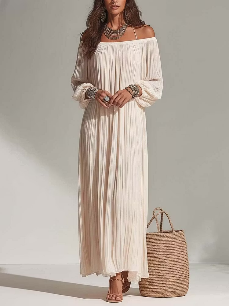 Bohemian Pleated Off-shoulder Chiffon Maxi Dress