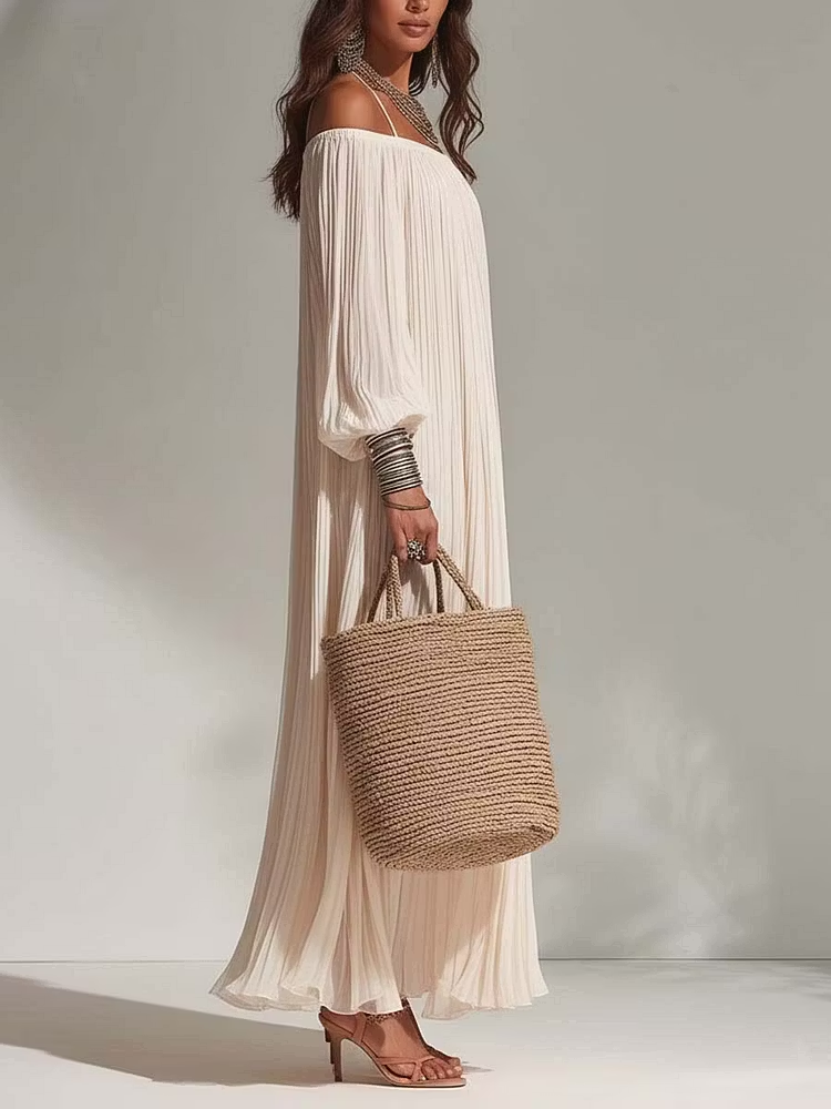 Bohemian Pleated Off-shoulder Chiffon Maxi Dress