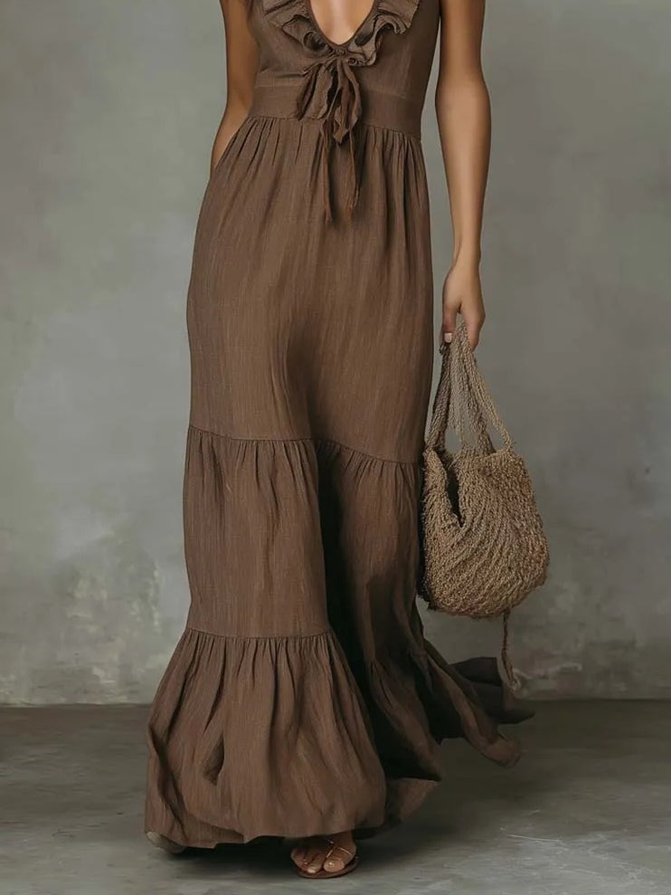 Brown Bohemian V-neck Ruffled Maxi Dress