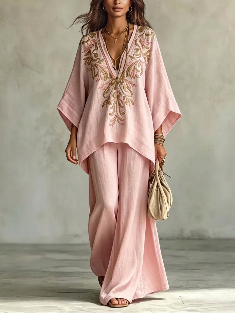 Light Pink Embroidered Batwing Sleeve Shirt And Wide-leg Pants Two-piece Set